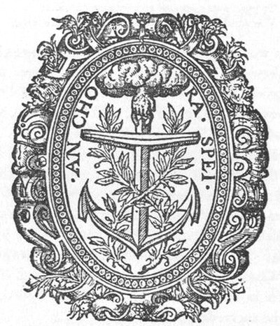 Printer's mark of Richard Field, as shown on the title-page of the first edition of ShakespeareVenus and Adonis," 1593, the unique copy of which is in the Bodleian Library, Oxford. A hand emerging from a cloud upholds the " Anchor of Hope," about which are twined two laurel branches.