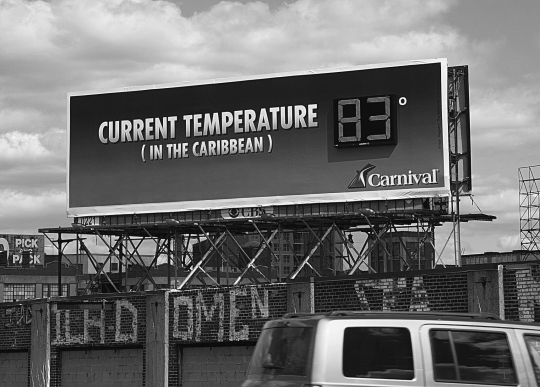 Figure representing billboard ad for Carnival Cruise that depicts the current temperature (in the Caribbean) by using one of the many free streams of data online.