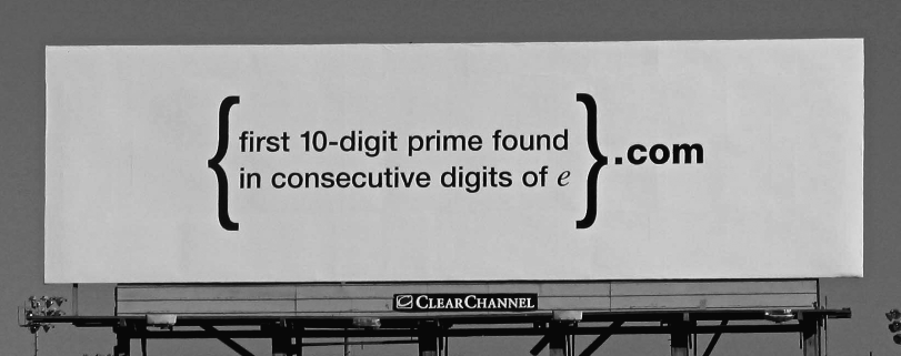 Figure depicting Google's recruitment campaign, where “first 10-digit prime found in consecutive digits of e” is written inside the braces and “.com” outside the braces.