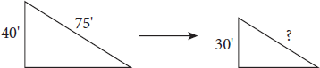 One triangle with height 40 feet and hypotenuse 75 feet. Arrow then points to second triangle with height 30 ft and hypotenuse of unknown length.