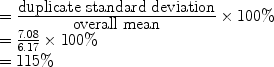 
$$\begin{array}{rll}&= \frac{\hbox{duplicate standard deviation}}{\hbox{overall mean}}\times 100\%\\ &= \frac{7.08}{6.17}\times100\%\\ &= 115\%\end{array}$$
