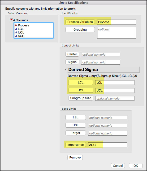 Figure 6.42 Limits Specifications Table Dialog Window