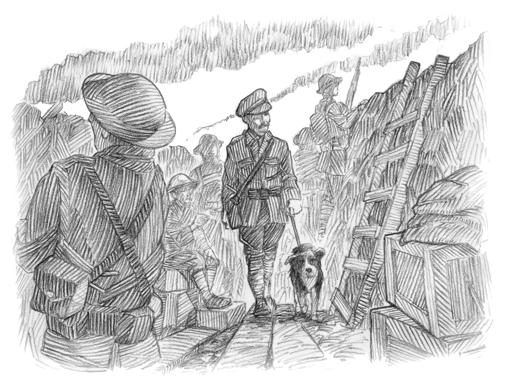 A soldier leads a dog through a trench; a ladder rises next to them, and soldiers stand and sit all around.