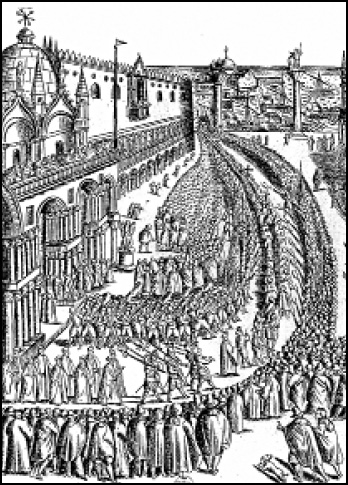 Processione all’uscita della basilica di San Marco, in una stampa della prima metà del Seicento. Parigi, Bibliothèque Nationale