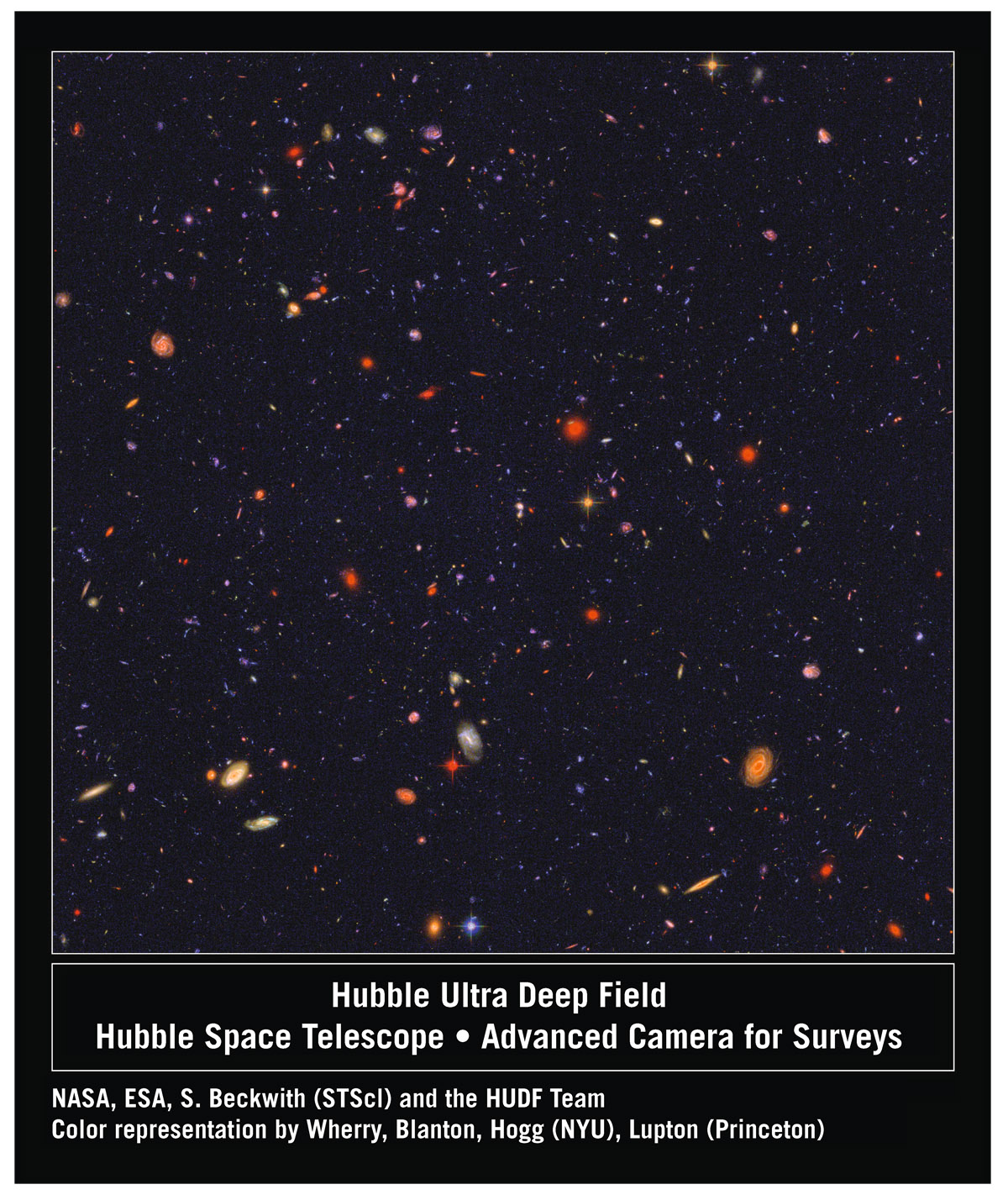  Hubble Ultra Deep Field. This long-exposure photograph taken by the Hubble Space Telescope shows about 10,000 galaxies. But it covers only about 1/13 millionth of the sky. Therefore, there are about 130 billion galaxies within the range of this telescope over the whole sky.   NASA/ESA/S. Beckwith(STScI) and The HUDF Team. Color representation by Nic Wherry, David W. Hogg, Michael Blanton (New York University), Robert Lupton (Princeton)