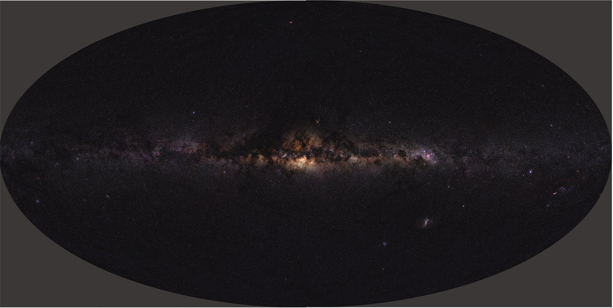  Panorama of whole sky showing the Milky Way. Distant stars in the Milky Way form a band of light that circles the sky along the galactic equator, mapped as a straight horizontal line across the center of the map. The Milky Way galaxy’s center is in the center of this figure. Note the dark lanes and patches along the Milky Way where background stars are obscured by dust.   Adapted from J. Richard Gott, Robert J. Vanderbei ( , National Geographic, 2011) Based on data from Main Sequence Software.