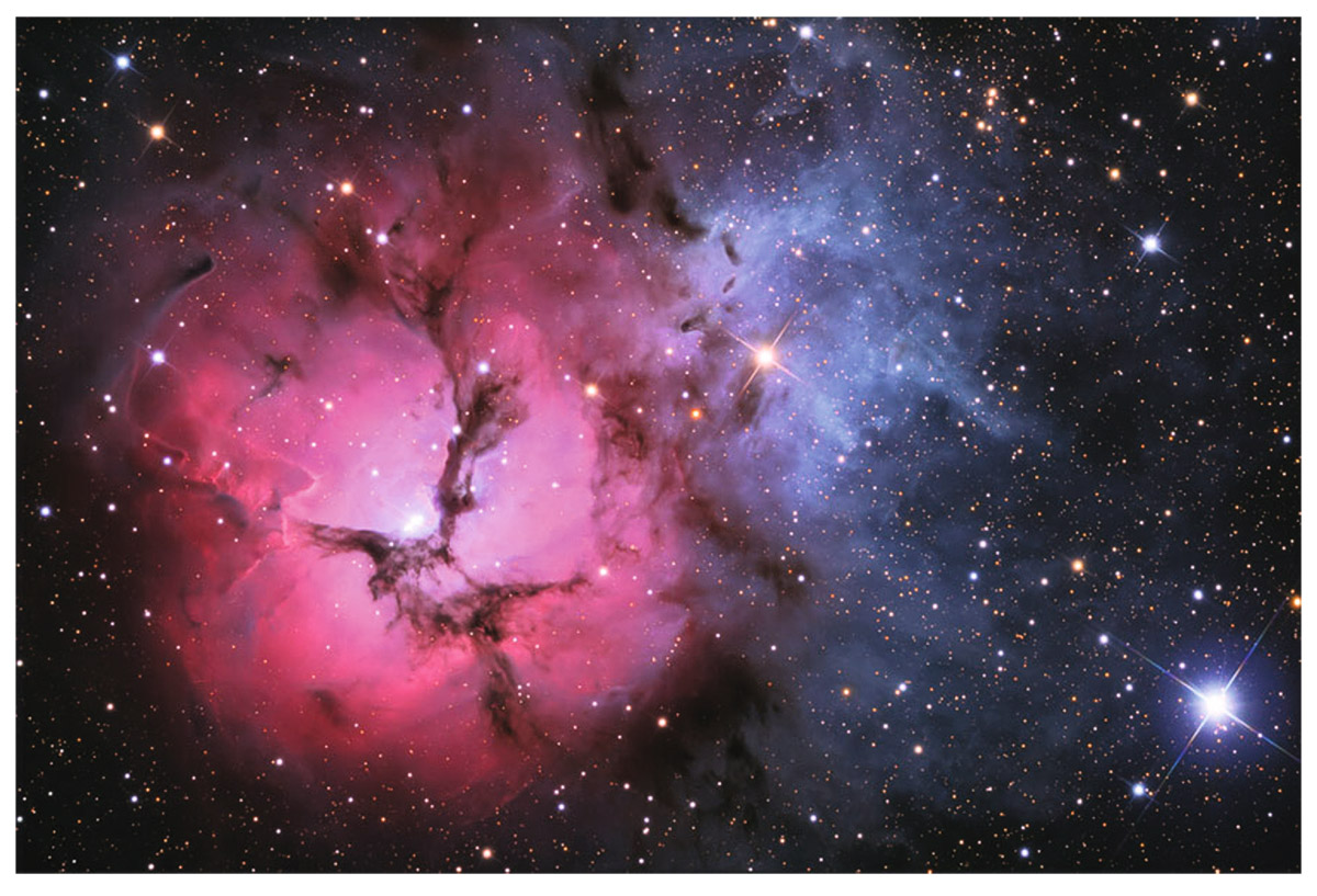  Trifid Nebula. The red light is fluorescing gas shining in hydrogen alpha (H ) emission , while the blue light is mostly starlight reflected from the abundant dust.   Adam Block, Mt. Lemmon SkyCenter, University of Arizona