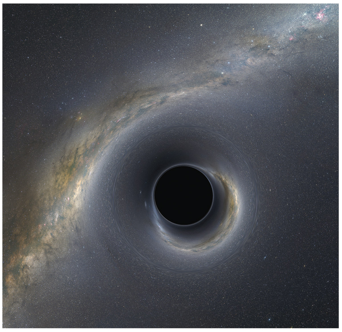  Simulated view of a Schwarzschild black hole. It looks like a black disk in the sky, surrounded by gravitationally lensed images of background stars. You can see two images of the galactic plane whose light is bent around opposite sides of the black hole on the way to your eye.  Andrew Hamilton (using Milky Way background image adapted from Axel Mellinger)