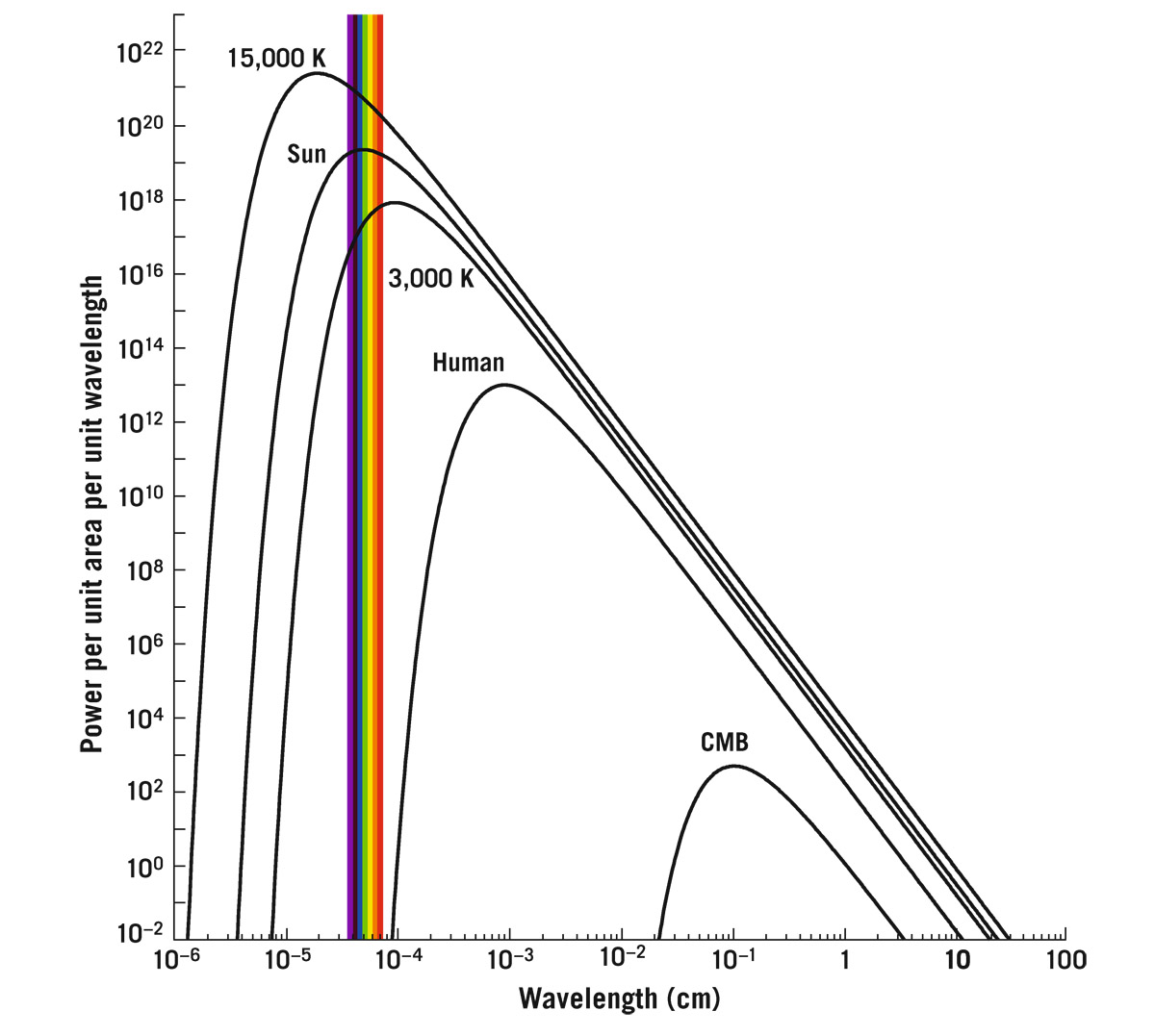  Thermal emission in the universe. The spectra of blackbodies of different temperatures, as a function of wavelength. The vertical coordinate plots energy per unit time (i.e., power), per unit wavelength, emitted per unit surface area of the object at the quoted temperature; the units are arbitrary. The curves correspond to stars of surface temperature 15,000 K (which will appear blue-white), 5,800 K (the Sun, which appears white), and 3,000 K (which will appear red). The visible part of the spectrum is shown as a colored bar; also shown is a human (310 K) and the cosmic microwave background (CMB, 2.7 K), about which we will learn much more in  .  Michael A. Strauss