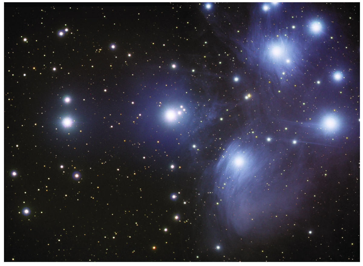  The Pleiades, an open star cluster. This is a young star cluster (probably less than 100 million years old).  Robert J. Vanderbei