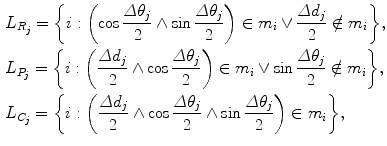 $$ \begin{aligned}[c] &L_{R_j} = \biggl\{ i : \biggl(\cos\frac{\varDelta \theta_j}{2} \wedge\sin \frac {\varDelta \theta_j}{2}\biggr) \in m_i \vee\frac{\varDelta d_j}{2} \notin m_i \biggr\} , \\ &L_{P_j} = \biggl\{ i : \biggl(\frac{\varDelta d_j}{2} \wedge\cos \frac{\varDelta \theta_j}{2}\biggr) \in m_i \vee\sin\frac{\varDelta \theta_j}{2} \notin m_i \biggr\}, \\ &L_{C_j} = \biggl\{ i : \biggl(\frac{\varDelta d_j}{2} \wedge\cos \frac{\varDelta \theta_j}{2} \wedge\sin\frac{\varDelta \theta_j}{2}\biggr) \in m_i \biggr \}, \end{aligned} $$