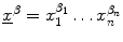 $\underline{x}^{\beta}=x_{1}^{\beta_{1}}\ldots x_{n}^{\beta_{n}}$