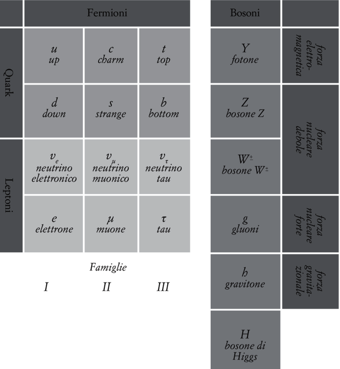 FIG. 1.1. La tavola delle particelle elementari. Nota che per ogni fermione esiste una corrispondente antiparticella. Inoltre ogni quark esiste in tre varietà denominate rosso, blu e verde (che non hanno nulla a che fare con i veri colori!).