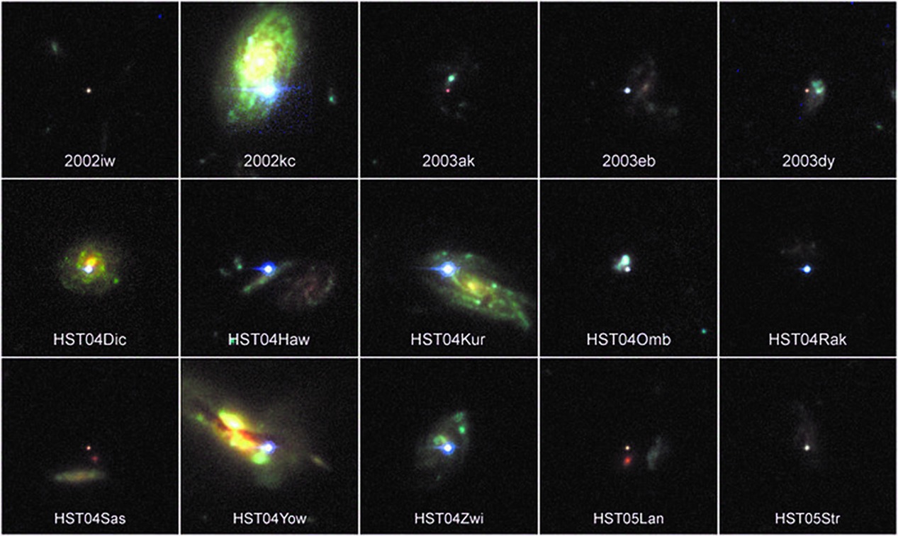 10. Galleria di supernovae osservate con l’Hubble Space Telescope. In ogni immagine, il puntino luminoso compatto è la supernova, catturata vicino al suo momento di massima luminosità, mentre l’oggetto diffuso è la galassia cui appartiene. Come si può notare, nonostante le galassie ospitino decine di miliardi di stelle, la loro luminosità appare simile a quella di una singola supernova.