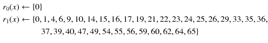 $$\begin{aligned} r_0(x)&\leftarrow \{0\}\\ r_1(x)&\leftarrow \{0, 1, 4, 6, 9, 10, 14, 15, 16, 17, 19, 21, 22, 23, 24, 25, 26, 29, 33, 35, 36, \\&\qquad \;\; 37, 39, 40, 47, 49, 54, 55, 56, 59, 60, 62, 64, 65 \} \end{aligned}$$