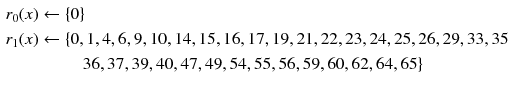 $$\begin{aligned} r_0(x)&\leftarrow \{0\}\\ r_1(x)&\leftarrow \{0, 1, 4, 6, 9, 10, 14, 15, 16, 17, 19, 21, 22, 23, 24, 25, 26, 29, 33, 35\\&\qquad \;\; 36, 37, 39, 40, 47, 49, 54, 55, 56, 59, 60, 62, 64, 65 \} \end{aligned}$$