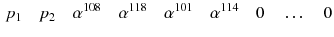 $$\begin{aligned} p_1\quad p_2\quad \alpha ^{108}\quad \alpha ^{118}\quad \alpha ^{101}\quad \alpha ^{114}\quad 0\quad \ldots \quad 0 \end{aligned}$$