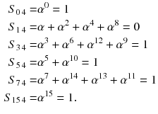 $$\begin{aligned} S_{0\,4}= & {} \alpha ^0=1\nonumber \\ S_{1\,4}= & {} \alpha +\alpha ^2+\alpha ^4+\alpha ^8=0\nonumber \\ S_{3\,4}= & {} \alpha ^3+\alpha ^6+\alpha ^{12}+\alpha ^9=1\nonumber \\ S_{5\,4}= & {} \alpha ^5+\alpha ^{10}=1\nonumber \\ S_{7\,4}= & {} \alpha ^7+\alpha ^{14}+\alpha ^{13}+\alpha ^{11}=1\nonumber \\ S_{15\,4}= & {} \alpha ^{15}=1. \end{aligned}$$