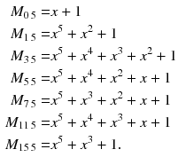 $$\begin{aligned} M_{0\,5}= & {} x+1\nonumber \\ M_{1\,5}= & {} x^5+x^2+1\nonumber \\ M_{3\,5}= & {} x^5+x^4+x^3+x^2+1\nonumber \\ M_{5\,5}= & {} x^5+x^4+x^2+x+1\nonumber \\ M_{7\,5}= & {} x^5+x^3+x^2+x+1\nonumber \\ M_{11\,5}= & {} x^5+x^4+x^3+x+1\nonumber \\ M_{15\,5}= & {} x^5+x^3+1.\nonumber \\ \end{aligned}$$