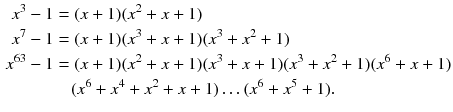 $$\begin{aligned} x^{3}-1&=(x+1)(x^2+x+1)\nonumber \\ x^{7}-1&=(x+1)(x^3+x+1)(x^3+x^2+1)\nonumber \\ x^{63}-1&=(x+1)(x^2+x+1)(x^3+x+1)(x^3+x^2+1)(x^6+x+1)\nonumber \\&\quad (x^6+x^4+x^2+x+1)\ldots (x^6+x^5+1). \end{aligned}$$