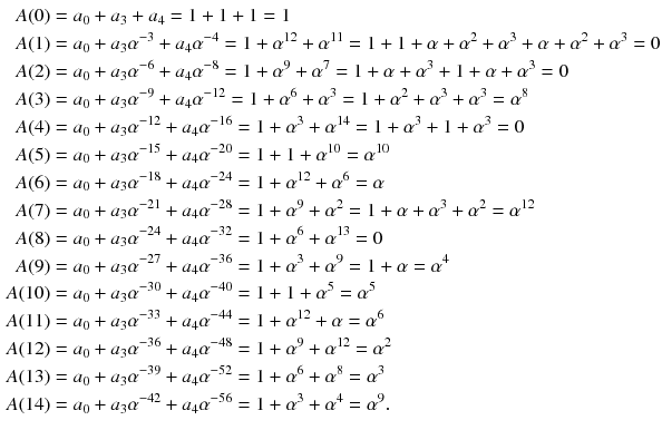 $$\begin{aligned} A(0)&=a_0+a_3+a_4=1+1+1=1 \nonumber \\ A(1)&=a_0+a_3\alpha ^{-3}+a_4\alpha ^{-4}=1+\alpha ^{12}+\alpha ^{11}=1+1+\alpha +\alpha ^2+\alpha ^3+\alpha +\alpha ^2+\alpha ^3=0\nonumber \\ A(2)&=a_0+a_3\alpha ^{-6}+a_4\alpha ^{-8}=1+\alpha ^{9}+\alpha ^{7}=1+\alpha +\alpha ^3+1+\alpha +\alpha ^3=0\nonumber \\ A(3)&=a_0+a_3\alpha ^{-9}+a_4\alpha ^{-12}=1+\alpha ^{6}+\alpha ^{3}=1+\alpha ^2+\alpha ^3+\alpha ^3=\alpha ^8\nonumber \\ A(4)&=a_0+a_3\alpha ^{-12}+a_4\alpha ^{-16}=1+\alpha ^{3}+\alpha ^{14}=1+\alpha ^3+1+\alpha ^3=0\nonumber \\ A(5)&=a_0+a_3\alpha ^{-15}+a_4\alpha ^{-20}=1+1+\alpha ^{10}=\alpha ^{10}\nonumber \\ A(6)&=a_0+a_3\alpha ^{-18}+a_4\alpha ^{-24}=1+\alpha ^{12}+\alpha ^{6}=\alpha \nonumber \\ A(7)&=a_0+a_3\alpha ^{-21}+a_4\alpha ^{-28}=1+\alpha ^{9}+\alpha ^{2}=1+\alpha +\alpha ^3+\alpha ^2=\alpha ^{12}\nonumber \\ A(8)&=a_0+a_3\alpha ^{-24}+a_4\alpha ^{-32}=1+\alpha ^{6}+\alpha ^{13}=0\nonumber \\ A(9)&=a_0+a_3\alpha ^{-27}+a_4\alpha ^{-36}=1+\alpha ^{3}+\alpha ^{9}=1+\alpha =\alpha ^{4}\nonumber \\ A(10)&=a_0+a_3\alpha ^{-30}+a_4\alpha ^{-40}=1+1+\alpha ^{5}=\alpha ^{5}\nonumber \\ A(11)&=a_0+a_3\alpha ^{-33}+a_4\alpha ^{-44}=1+\alpha ^{12}+\alpha =\alpha ^{6}\nonumber \\ A(12)&=a_0+a_3\alpha ^{-36}+a_4\alpha ^{-48}=1+\alpha ^{9}+\alpha ^{12}=\alpha ^{2}\nonumber \\ A(13)&=a_0+a_3\alpha ^{-39}+a_4\alpha ^{-52}=1+\alpha ^{6}+\alpha ^{8}=\alpha ^{3}\nonumber \\ A(14)&=a_0+a_3\alpha ^{-42}+a_4\alpha ^{-56}=1+\alpha ^{3}+\alpha ^{4}=\alpha ^{9}. \end{aligned}$$