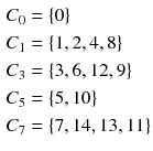 $$\begin{aligned} C_0&= \{0\}\\ C_1&= \{1, 2, 4, 8\}\\ C_3&= \{3, 6, 12, 9\}\\ C_5&= \{5, 10\}\\ C_7&= \{7, 14, 13, 11\} \end{aligned}$$