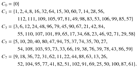 $$\begin{aligned} C_0&= \{0\}\\ C_1&= \{1, 2, 4, 8, 16, 32, 64, 15, 30, 60, 7, 14, 28, 56,\\&\quad \quad 112, 111, 109, 105, 97, 81, 49, 98, 83, 53, 106, 99, 85, 57\}\\ C_3&= \{ 3, 6, 12, 24, 48, 96, 79, 45, 90, 67, 21, 42, 84,\\&\quad \quad 55, 110, 107, 101, 89, 65, 17, 34, 68, 23, 46, 92, 71, 29, 58\}\\ C_5&= \{ 5, 10, 20, 40, 80, 47, 94, 75, 37, 74, 35, 70, 27,\\&\quad \quad 54, 108, 103, 93, 73, 33, 66, 19, 38, 76, 39, 78, 43, 86, 59\}\\ C_7&= \{9, 18, 36, 72, 31, 62, 11, 22, 44, 88, 63, 13, 26,\\&\quad \quad 52, 104, 95, 77, 41, 82, 51, 102, 91, 69, 25, 50, 100, 87, 61\}. \end{aligned}$$