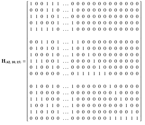 $$\begin{aligned} \mathbf {H_{(42,\,10,\,15)}} =&\left[ \begin{array}{cccccccccccccccccccccccc} 1 &{}0 &{}0 &{}1&{}1&{}1&{}\ldots &{}0&{}0&{}0&{}0&{}0&{}0&{}0&{}0&{}0&{}0&{}0&{}0&{}0\\ 0 &{}0 &{}0 &{}1&{}1&{}0&{}\ldots &{}1&{}0&{}0&{}0&{}0&{}0&{}0&{}0&{}0&{}0&{}0&{}0&{}0\\ 1 &{}1 &{}0 &{}1&{}0&{}1&{}\ldots &{}0&{}0&{}0&{}0&{}0&{}0&{}0&{}0&{}0&{}0&{}0&{}0&{}0\\ 0 &{}1 &{}0 &{}0&{}0&{}1&{}\ldots &{}1&{}0&{}0&{}0&{}0&{}0&{}0&{}0&{}0&{}0&{}0&{}0&{}0\\ 1 &{}1 &{}1 &{}1&{}1&{}0&{}\ldots &{}1&{}0&{}0&{}0&{}0&{}0&{}0&{}0&{}0&{}0&{}0&{}0&{}0\\ \\ 0 &{}0 &{}1 &{}1&{}0&{}1&{}\ldots &{}1&{}1&{}0&{}0&{}0&{}0&{}0&{}0&{}0&{}0&{}0&{}0&{}0\\ 0 &{}1 &{}0 &{}1&{}0&{}1&{}\ldots &{}1&{}0&{}1&{}0&{}0&{}0&{}0&{}0&{}0&{}0&{}0&{}0&{}0\\ 1 &{}0 &{}0 &{}0&{}1&{}0&{}\ldots &{}1&{}0&{}0&{}1&{}0&{}0&{}0&{}0&{}0&{}0&{}0&{}0&{}0\\ 1 &{}1 &{}1 &{}0&{}0&{}1&{}\ldots &{}0&{}0&{}0&{}0&{}1&{}0&{}0&{}0&{}0&{}0&{}0&{}0&{}0\\ 0 &{}1 &{}0 &{}0&{}1&{}0&{}\ldots &{}0&{}0&{}0&{}0&{}0&{}1&{}0&{}0&{}0&{}0&{}0&{}0&{}0\\ 0 &{}0 &{}0 &{}0&{}0&{}0&{}\ldots &{}0&{}1&{}1&{}1&{}1&{}1&{}1&{}0&{}0&{}0&{}0&{}0&{}0\\ \\ 0 &{}1 &{}0 &{}0&{}1&{}0&{}\ldots &{}1&{}0&{}0&{}0&{}0&{}0&{}0&{}1&{}0&{}0&{}0&{}0&{}0\\ 0 &{}1 &{}0 &{}0&{}0&{}0&{}\ldots &{}0&{}0&{}0&{}0&{}0&{}0&{}0&{}0&{}1&{}0&{}0&{}0&{}0\\ 1 &{}1 &{}1 &{}0&{}0&{}0&{}\ldots &{}1&{}0&{}0&{}0&{}0&{}0&{}0&{}0&{}0&{}1&{}0&{}0&{}0\\ 1 &{}0 &{}0 &{}1&{}1&{}0&{}\ldots &{}1&{}0&{}0&{}0&{}0&{}0&{}0&{}0&{}0&{}0&{}1&{}0&{}0\\ 1 &{}1 &{}0 &{}1&{}0&{}1&{}\ldots &{}1&{}0&{}0&{}0&{}0&{}0&{}0&{}0&{}0&{}0&{}0&{}1&{}0\\ 0 &{}0 &{}0 &{}0&{}0&{}0&{}\ldots &{}0&{}0&{}0&{}0&{}0&{}0&{}0&{}1&{}1&{}1&{}1&{}1&{}1\\ \end{array} \right] \end{aligned}$$