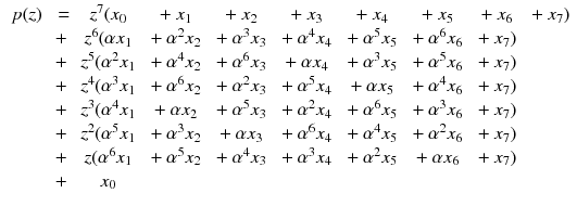 $$\begin{aligned} \begin{array}{cccccccccc} p(z)&{}=&{}z^7(x_0&{}+x_1&{}+x_2&{}+x_3&{}+x_4&{}+x_5&{}+x_6&{}+x_7)\\ &{}+&{}z^6(\alpha x_1&{}+\alpha ^2x_2&{}+\alpha ^3x_3&{}+\alpha ^4x_4&{}+\alpha ^5x_5&{}+\alpha ^6x_6&{}+x_7)&{}\\ &{}+&{}z^5(\alpha ^2 x_1&{}+\alpha ^4x_2&{}+\alpha ^6x_3&{}+\alpha x_4&{}+\alpha ^3x_5&{}+\alpha ^5x_6&{}+x_7)&{}\\ &{}+&{}z^4(\alpha ^3 x_1&{}+\alpha ^6x_2&{}+\alpha ^2x_3&{}+\alpha ^5 x_4&{}+\alpha x_5&{}+\alpha ^4x_6&{}+x_7)&{}\\ &{}+&{}z^3(\alpha ^4 x_1&{}+\alpha x_2&{}+\alpha ^5x_3&{}+\alpha ^2 x_4&{}+\alpha ^6 x_5&{}+\alpha ^3x_6&{}+x_7)&{}\\ &{}+&{}z^2(\alpha ^5 x_1&{}+\alpha ^3 x_2&{}+\alpha x_3&{}+\alpha ^6 x_4&{}+\alpha ^4 x_5&{}+\alpha ^2x_6&{}+x_7)&{}\\ &{}+&{}z(\alpha ^6 x_1&{}+\alpha ^5 x_2&{}+\alpha ^4 x_3&{}+\alpha ^3 x_4&{}+\alpha ^2 x_5&{}+\alpha x_6&{}+x_7)&{}\\ &{}+&{}x_0&{}&{}&{}&{}&{}&{}&{}\\ \end{array} \end{aligned}$$