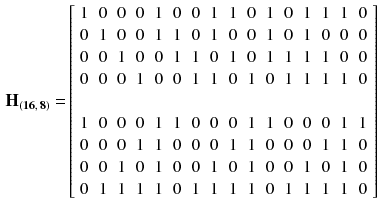 $$\begin{aligned} \mathbf {H_{(16,\,8)}} =&\left[ \begin{array}{ccccccccccccccccc} 1 &{}0&{}0&{}0&{}1&{}0&{}0&{}1&{}1&{}0&{}1&{}0&{}1&{}1&{}1&{}0\\ 0 &{}1&{}0&{}0&{}1&{}1&{}0&{}1&{}0&{}0&{}1&{}0&{}1&{}0&{}0&{}0\\ 0 &{}0&{}1&{}0&{}0&{}1&{}1&{}0&{}1&{}0&{}1&{}1&{}1&{}1&{}0&{}0\\ 0 &{}0&{}0&{}1&{}0&{}0&{}1&{}1&{}0&{}1&{}0&{}1&{}1&{}1&{}1&{}0\\ \\ 1 &{}0&{}0&{}0&{}1&{}1&{}0&{}0&{}0&{}1&{}1&{}0&{}0&{}0&{}1&{}1\\ 0 &{}0&{}0&{}1&{}1&{}0&{}0&{}0&{}1&{}1&{}0&{}0&{}0&{}1&{}1&{}0\\ 0 &{}0&{}1&{}0&{}1&{}0&{}0&{}1&{}0&{}1&{}0&{}0&{}1&{}0&{}1&{}0\\ 0 &{}1&{}1&{}1&{}1&{}0&{}1&{}1&{}1&{}1&{}0&{}1&{}1&{}1&{}1&{}0\\ \end{array} \right] \end{aligned}$$