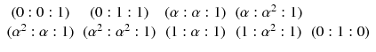 $$ \begin{array}{ccccc} (0:0:1) &{} (0:1:1) &{} (\alpha :\alpha :1) &{} (\alpha :\alpha ^{2}:1)\\ (\alpha ^2:\alpha :1) &{} (\alpha ^2:\alpha ^2:1) &{} (1:\alpha :1) &{} (1:\alpha ^2:1)&{} (0:1:0) \end{array} $$