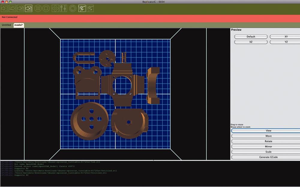 Laying out a build plate in ReplicatorG. All of these parts will print simultaneously.