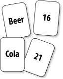 Four people sit at a bar drinking beer or cola, the cards show age on one side and beverage on the other—who’s breaking the rules?