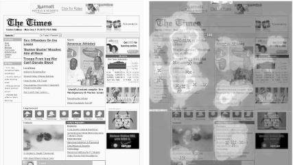 The pattern of eye fixations looking over a news web site; the brighter patches show where eyes tend to fixate 2