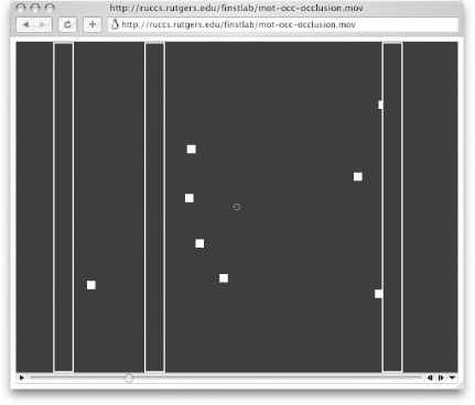 Tracking the moving shapes becomes harder when they periodically move behind the black bars (outlined in white)