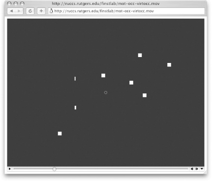 Tracking gets harder still: the slimmer white shapes are squares half-hidden behind invisible obstructing bars