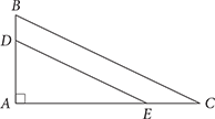 Triangle ABC is a right triangle with the 90° angle at vertex A. Line DE creates a smaller right triangle ADE inside triangle ABC.