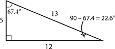 Same triangle as before.  The hypotenuse has length 13, and the unmarked angle is labeled as ninety minus sixty seven point 4 equals twenty two point 6.