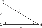 A right triangle. Side BC has length 3, side AC has length 4, and side AB has length 5.