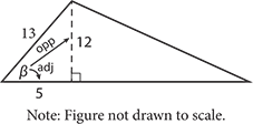 Same triangle from the question. An altitude has been drawn from the top vertex to the bottom side, forming a right triangle with side lengths of 5, 12, and 13. Beta is between the length 5 and length 13 sides.