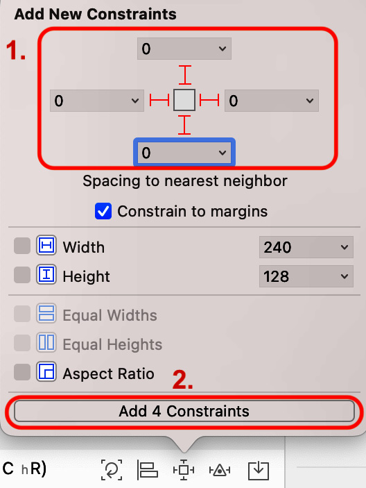 Figure 10.4 – Auto Layout Add New Constraints pop-up dialog box
