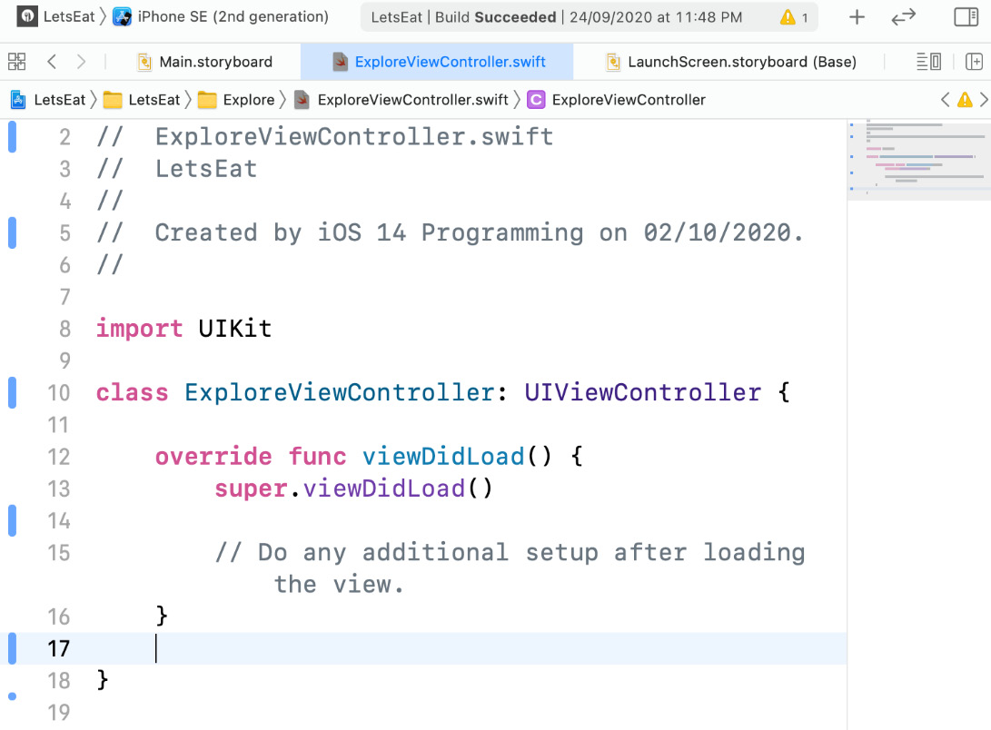 Figure 10.9 – Editor area showing ExploreViewController.swift's contents
