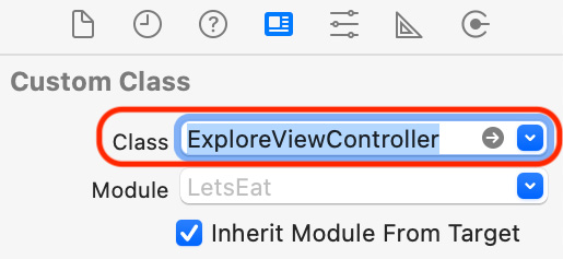 Figure 10.11 – Identity inspector with Class set to ExploreViewController
