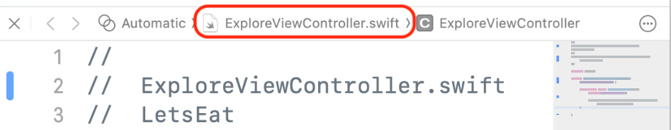 Figure 10.15 – Bar showing ExploreViewController.swift selected
