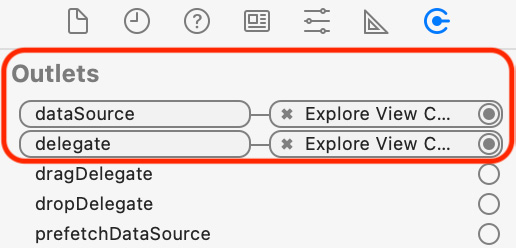 Figure 10.23 – Connections inspector with dataSource and delegate outlets set
