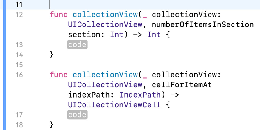 Figure 10.26 – Editor area showing UICollectionViewDataSource method stubs
