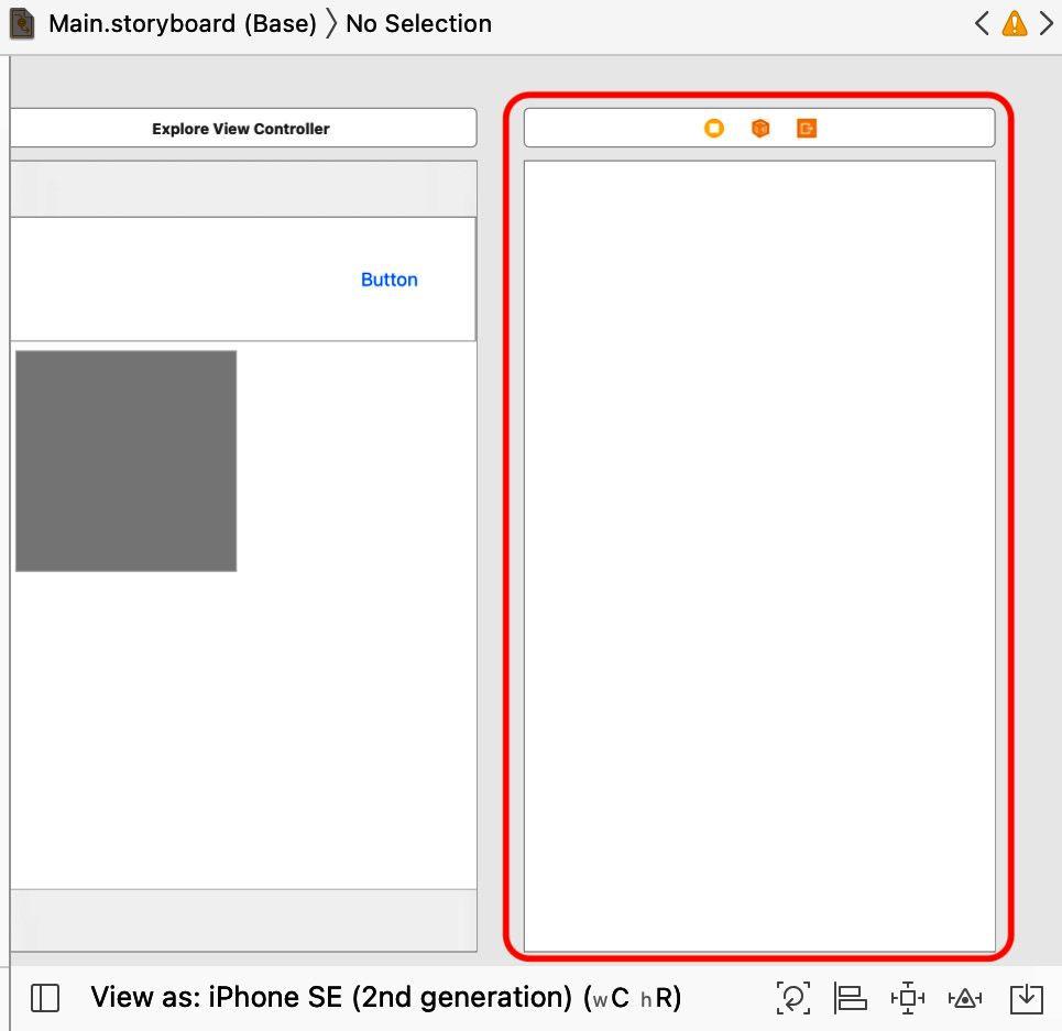 Figure 10.39 – Editor area showing the view controller scene next to the Explore View Controller scene
