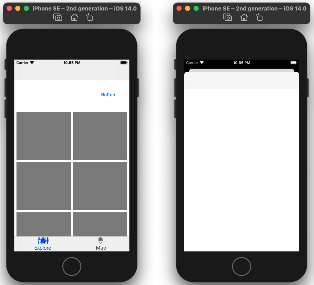 Figure 10.45 – iOS simulator showing the Explore and Locations screens
