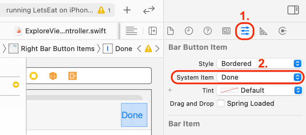 Figure 10.49 – Attributes inspector with System Item set to Done
