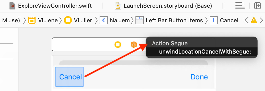 Figure 10.51 – View controller scene showing the Cancel button action being set
